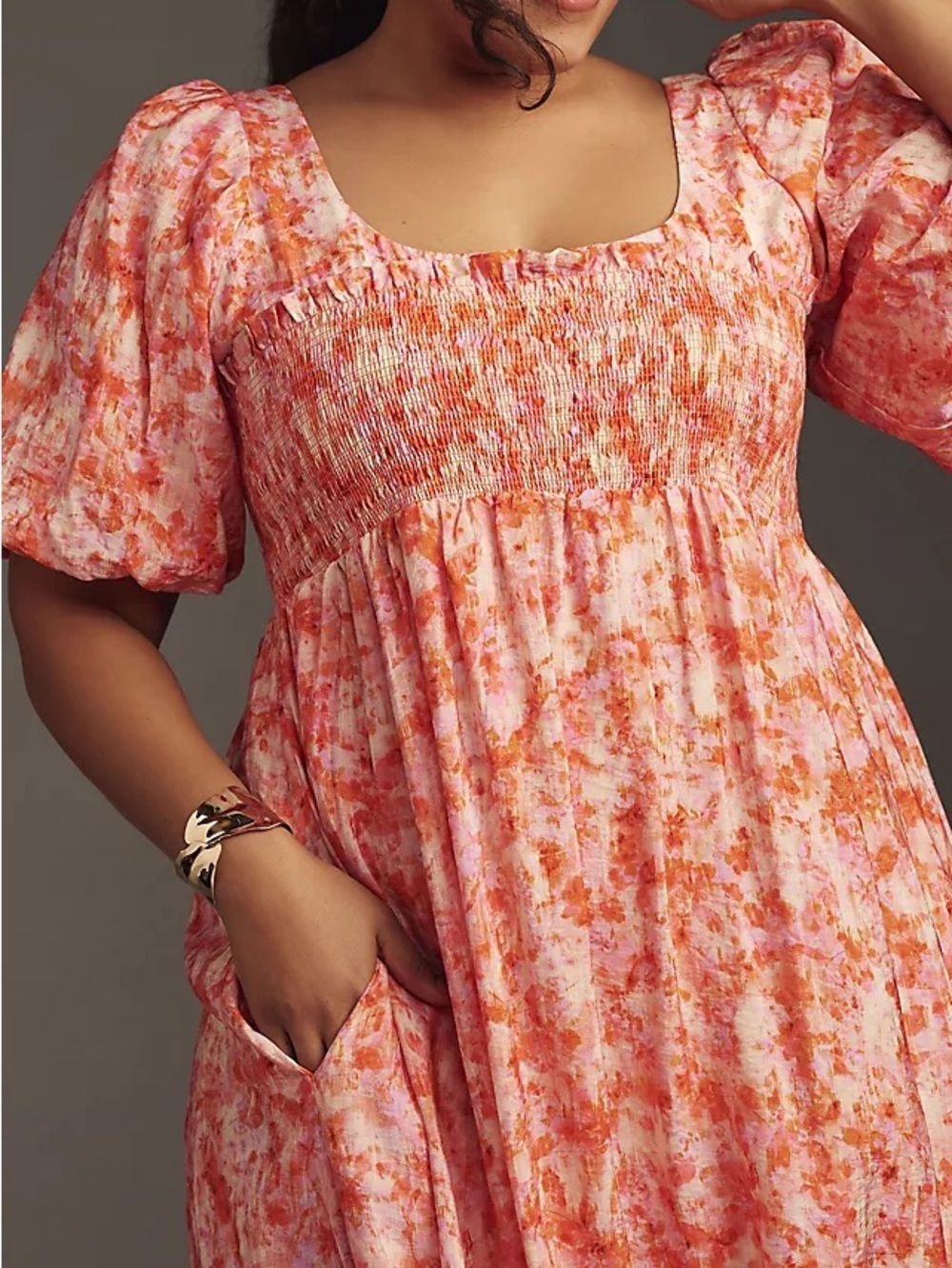 Anthropologie Women Sz XL Smocked Babydoll Printed Midi Dress Orange Cottagecore - Picture 3 of 11